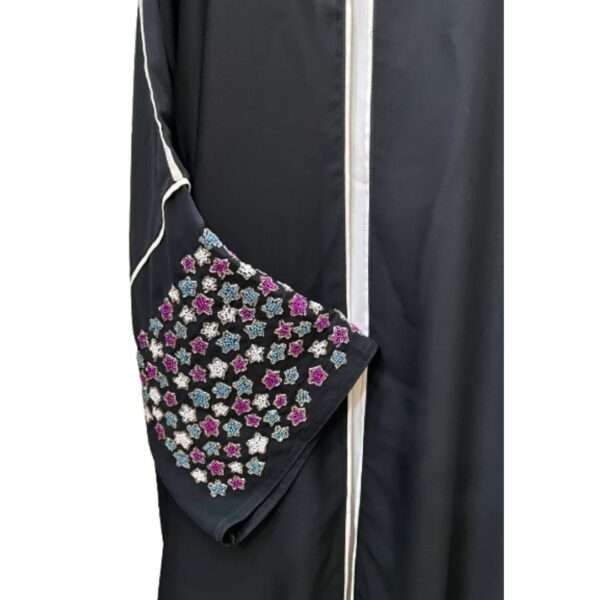 Elegant Black & White Open Abaya with Floral Embroidered Sleeves - Image 2